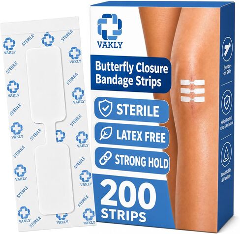 200 Sterile Butterfly Closure Bandage Strips - Adhesive Strip Stitch Bandages for Closing Skin Wounds with Non-Stick Pad - Individually Wrapped - Hypoallergenic Adhesive & Latex Free (Large (200) in Saudi Arabia