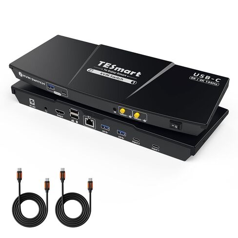 TESmart 8K USB-C KVM Switch 2 Laptops 1 Monitor, USB3.0 KVM Switch 2 Ports 4K@144Hz, Type C 60W Charging for Laptop, 1G Ethernet, EDID Emulators, Hotkey Switch, ADI Chip for Gaming & Home Office in Kuwait