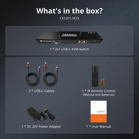 TESmart 8K USB-C KVM Switch 2 Laptops 1 Monitor, USB3.0 KVM Switch 2 Ports 4K@144Hz, Type C 60W Charging for Laptop, 1G Ethernet, EDID Emulators, Hotkey Switch, ADI Chip for Gaming & Home Office in Kuwait