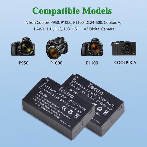 Tectra 2-Pack EN-EL20A Battery + Charger for Nikon Coolpix P1100,P1000,P950 in Kuwait