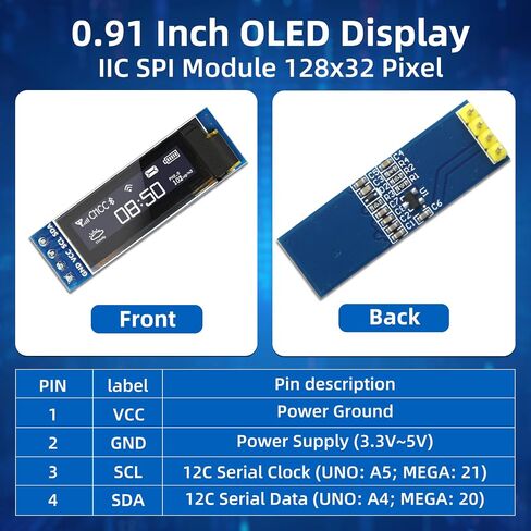 5 Pcs 0.91 Inch I2C OLED Display Module, 128x32 Pixel SSD1306 Luminous OLED Screen Board Compatible with Arduino Raspberry Pi ESP32 (White) in Kuwait