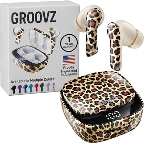 سماعات أذن لاسلكية Groovz Plus True مع علبة شحن لاسلكية - مصممة في الولايات المتحدة الأمريكية - سماعات أذن بلوتوث مقاومة للماء IPX4 متوافقة مع Apple وAndroid - بطارية 46 ساعة - ميكروفون مزدوج - ليوبارد in Kuwait