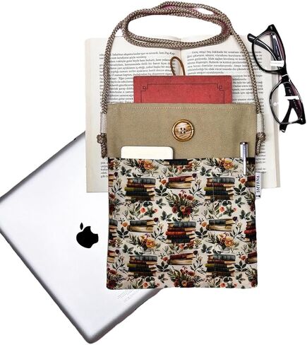 SODEF Book Tablet Ebook Bag Sleeve Case with Detachable Strap Beige Books and Flowers Design - Beige in Kuwait