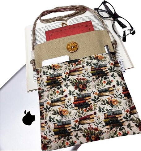 SODEF Book Tablet Ebook Bag Sleeve Case with Detachable Strap Beige Books and Flowers Design - Beige in Kuwait