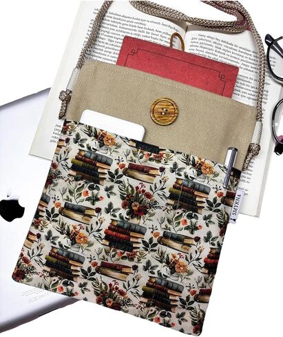 SODEF Book Tablet Ebook Bag Sleeve Case with Detachable Strap Beige Books and Flowers Design - Beige in Kuwait