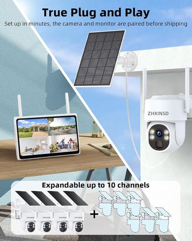 2.5K Outdoor Solar Wireless Security Camera System, 4-Camera Kit with 10" Monitor for Home Surveillance 360° View, 2.4/5GHz WiFi, Forever Power, 64GB Storage, No Subscription, No Monthly Fee in Saudi Arabia