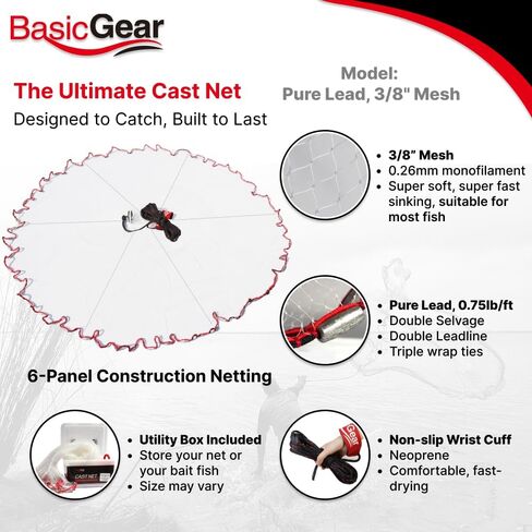 BasicGear Cast Net, Lead, 6ft Radius, 3/8 in Mesh, for Bait Fish in Saudi Arabia