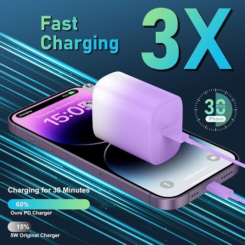 Phone 14 13 12 11 Fast Charger,10FT Long Phone Chargers Fast Charging Lightning Cable with 20W USB C Charger Block for Phone 14/14 Pro Max/13/13Pro Max/12/12 Pro Max/11/11Pro/X/Max,Pad,Purple gradient in Saudi Arabia