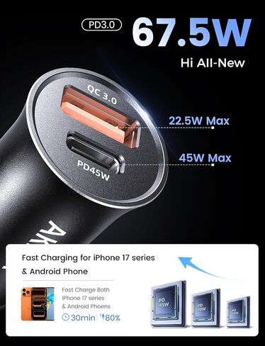 AKESR 67.5W Car Charger，USB-C Dual-Port Fast Charging in Saudi Arabia