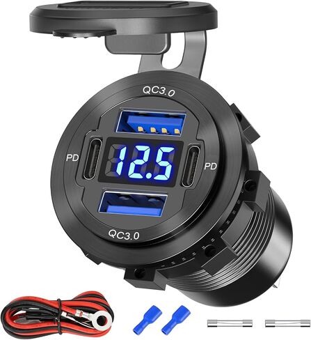 84W 4-Port 12V/24V USB Car Charger Socket with Dual PD3.0 & Dual QC3.0 Fast Charging, Aluminum Alloy Waterproof USB C Outlet with LED Voltmeter, Compatible for Cars Boats Trucks RVs Motorcycles Marine in Saudi Arabia