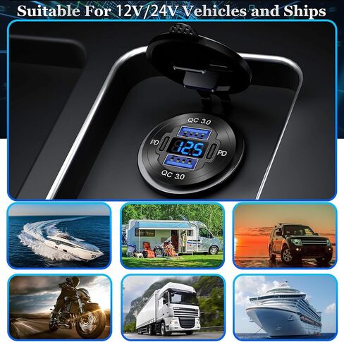 84W 4-Port 12V/24V USB Car Charger Socket with Dual PD3.0 & Dual QC3.0 Fast Charging, Aluminum Alloy Waterproof USB C Outlet with LED Voltmeter, Compatible for Cars Boats Trucks RVs Motorcycles Marine in Saudi Arabia