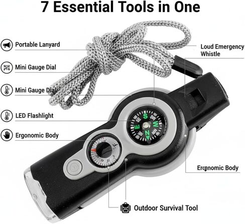 Emergency Whistle 7-in-1, Survival Whistle with Compass, Thermometer, LED Light, Magnifier, Mirror & Storage for Hiking, Camping, Fishing, Kayaking in Saudi Arabia