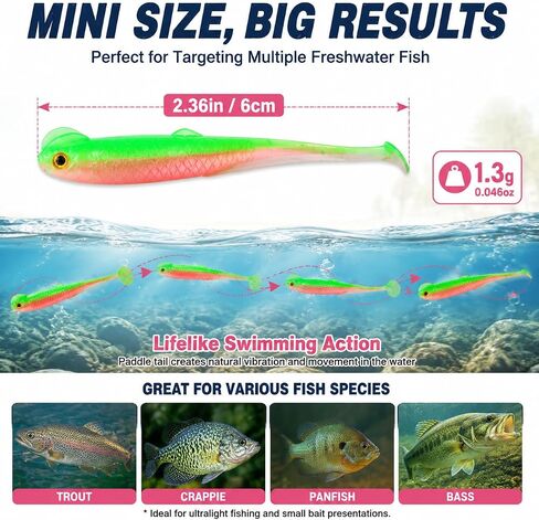 100PCS 2.36 Inch Mini Swimbaits Fishing Lures with Tackle Box, Small Soft Plastic Paddle Tail Minnow Baits, 10 Packs of 10 for Bass, Trout, Crappie & Panfish in Saudi Arabia