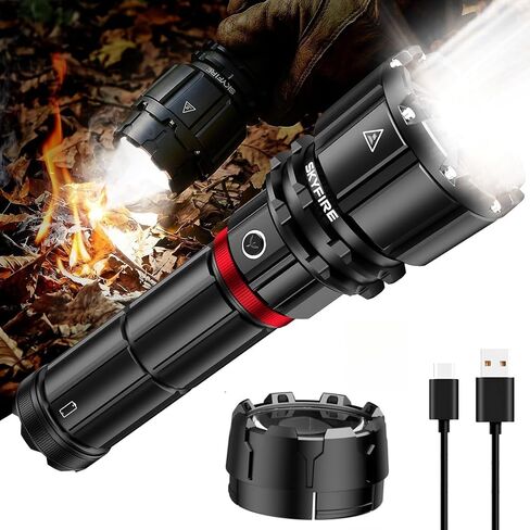 SKYFIRE Brightest Flashlights High Lumens with Ignition Lens,20000 Super Bright Rechargeable Flashlight with Shoulder Straps,Waterproof Led Tactical Flash Light for Camping Outdoor Emergency in Saudi Arabia