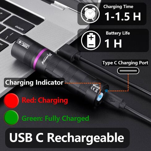 ALONEFIRE SV135 Mini 365nm UV Flashlight USB C Rechargeable Blacklight Woods Lamp Money Detector Black Light for Pet Urine Detetector, Minerals, Rocks, AC Leaks with Built-in Battery in Saudi Arabia
