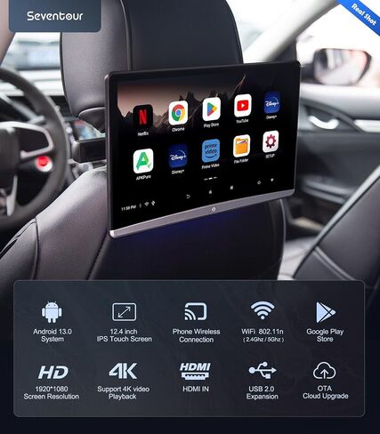 Seventour 12.4" 4K Android 13 Car TV Headrest Monitor(Pair), Dual Linked Touch Screen Rear Seat Entertainment System, Support Phone Wireless Mirroring, with WiFi/HDMI/BT/Video Player (4G+64G Pair) in Saudi Arabia