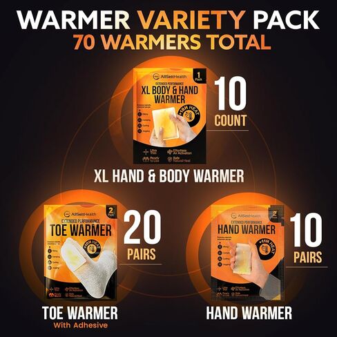 Hand Warmers Variety Set - 70 Count Ultimate Value Pack – 10 XL Body Warmers, 10 Pairs Hand Warmers, 20 Pairs Toe Warmers with Adhesive – Air Activated Heat Packs for Cold Weather and Outdoors in Saudi Arabia