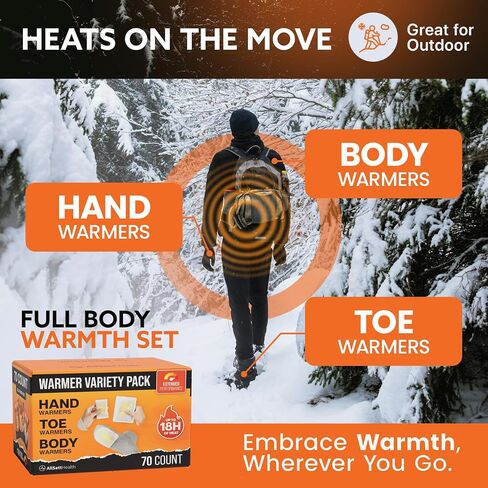 Hand Warmers Variety Set - 70 Count Ultimate Value Pack – 10 XL Body Warmers, 10 Pairs Hand Warmers, 20 Pairs Toe Warmers with Adhesive – Air Activated Heat Packs for Cold Weather and Outdoors in Saudi Arabia