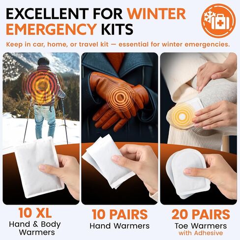 Hand Warmers Variety Set - 70 Count Ultimate Value Pack – 10 XL Body Warmers, 10 Pairs Hand Warmers, 20 Pairs Toe Warmers with Adhesive – Air Activated Heat Packs for Cold Weather and Outdoors in Saudi Arabia