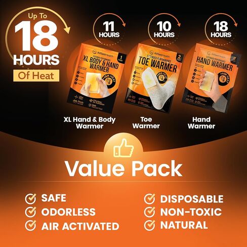 Hand Warmers Variety Set - 70 Count Ultimate Value Pack – 10 XL Body Warmers, 10 Pairs Hand Warmers, 20 Pairs Toe Warmers with Adhesive – Air Activated Heat Packs for Cold Weather and Outdoors in Saudi Arabia