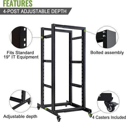 27U Open Frame Server Rack – Heavy Duty 4 Post Adjustable Depth with Casters in Saudi Arabia