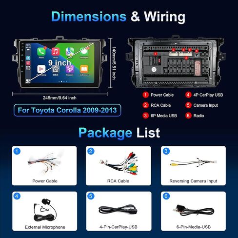 ستيريو سيارة 9 بوصة تويوتا كورولا 2009-2013 | تشغيل سريع لاسلكي CarPlay وAndroid Auto، راديو بشاشة تعمل باللمس، بلوتوث، SWC، AM/FM، Linux in Kuwait