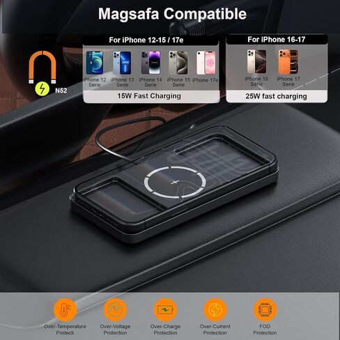 25W Wireless Charger Car Magnetic Charging Pad Fast Wireless Phone Charger Mat Cell Phone Cordless Pad Compatible with iPhone 17/16(25W)/15/14/13/12(7.5W) (S21MAG) in Kuwait