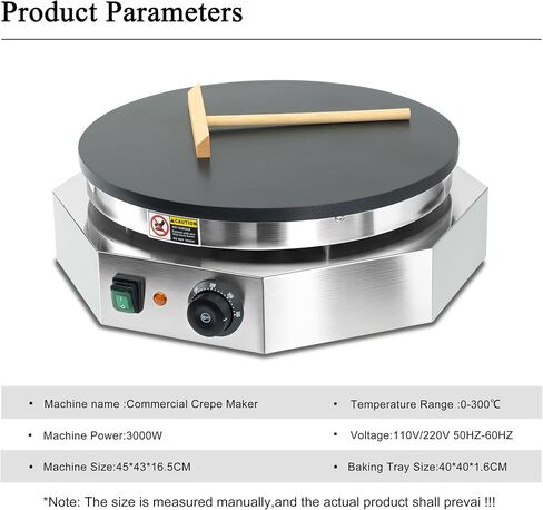 3000W Commercial Crepe Maker, 16" Non-Stick Electric Griddle with 0-300℃ Adjustable Temperature, Stainless Steel Pancake & Jianbing Machine with Wooden Spreader for Home, Snack Bar & Food Stall in Saudi Arabia