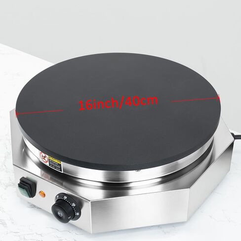 3000W Commercial Crepe Maker, 16" Non-Stick Electric Griddle with 0-300℃ Adjustable Temperature, Stainless Steel Pancake & Jianbing Machine with Wooden Spreader for Home, Snack Bar & Food Stall in Saudi Arabia