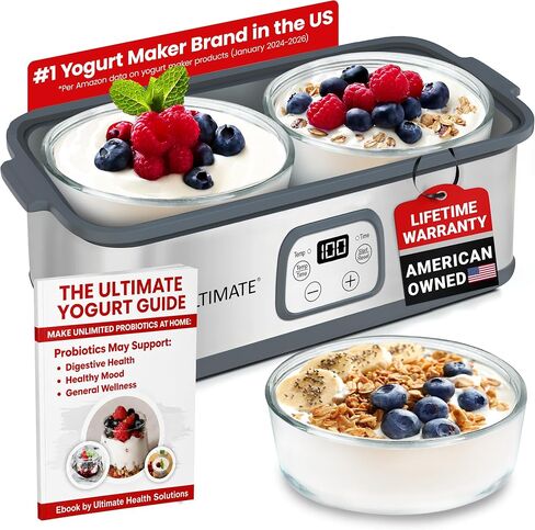 Ultimate Probiotic Yogurt Maker with TruTemp™ Adjustable Temperature & Time Control, Make Trillions of Probiotics for Gut Health, Two 1-Quart Containers for Larger Batches, UNLIMITED LIFETIME WARRANTY in Saudi Arabia