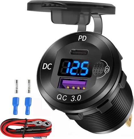 12V USB C Aluminum Car Charger Socket, 12 Volt Outlet, PD 20W and Quick Charge 3.0 18W Car USB Port Waterproof with Voltmeter & Power Switch, Suitable for Marine Truck Motorcycle Boat Golf cart RV in Saudi Arabia