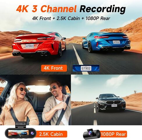 كاميرا أمامية خلفية أمامية ثلاثية القنوات بدقة 4K للسيارة، زاوية واسعة 170 درجة، شاشة IPS 3.19 بوصة، تحكم في التطبيق المخصص بواي فاي 2.4 جيجا، تسجيل حلقة، قفل الاصطدام، شاشة وقوف السيارات بمستشعر G، سعة تخزين 256 جيجابايت بحد أقصى in Kuwait