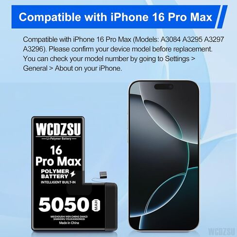 بطارية بديلة لهاتف iPhone 16 Pro Max بقدرة 5050 مللي أمبير في الساعة عالية السعة جديدة 0 دورة بطارية ليثيوم بوليمر لهاتف iPhone 16 Pro Max مع مجموعة أدوات إصلاح موديل A3084 A3295 A3297 A3296 in Kuwait