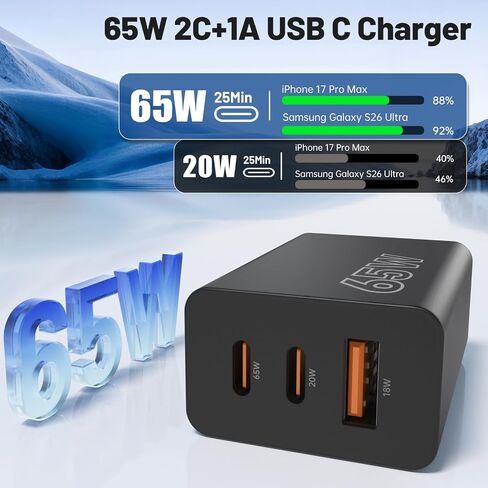 65W Super Fast Charger Type C for Samsung, 3-Port GaN USB C Charging Block PD/QC 3.0 & 6/10/10FT Cable for Samsung Galaxy S26 Ultra/S26+/S25 Ultra/S24/S23, iPhone 17/16/iPad/Mac Book/Android in Kuwait