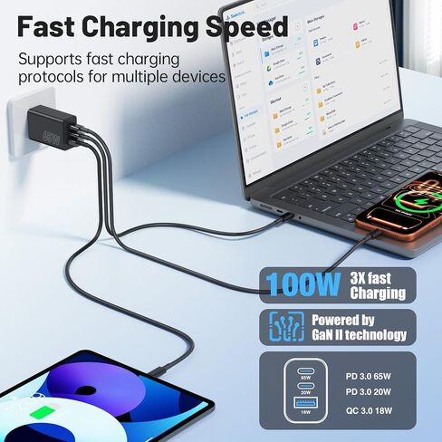 65W Super Fast Charger Type C for Samsung, 3-Port GaN USB C Charging Block PD/QC 3.0 & 6/10/10FT Cable for Samsung Galaxy S26 Ultra/S26+/S25 Ultra/S24/S23, iPhone 17/16/iPad/Mac Book/Android in Kuwait