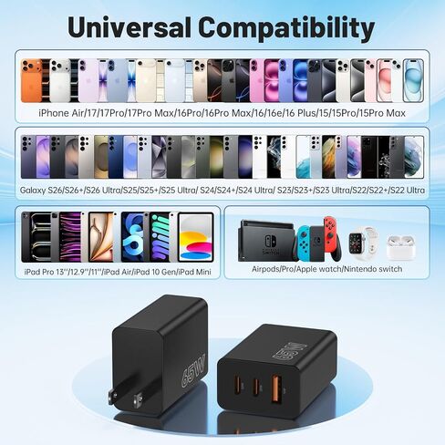 65W Super Fast Charger Type C for Samsung, 3-Port GaN USB C Charging Block PD/QC 3.0 & 6/10/10FT Cable for Samsung Galaxy S26 Ultra/S26+/S25 Ultra/S24/S23, iPhone 17/16/iPad/Mac Book/Android in Kuwait