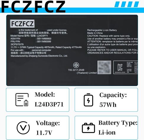 بطارية L24D3P71 57Wh 4875mAh بديلة لجهاز Lenovo ThinkPad X1 Carbon الجيل 13th 21NS 21NT 21NX 21NY/ ThinkPad X1 2-in-1 Gen 10 21NU 21NV 21Q0 21Q1 Series 5B11M90099 5B11M90100 11.7V 3-الخلايا in Kuwait