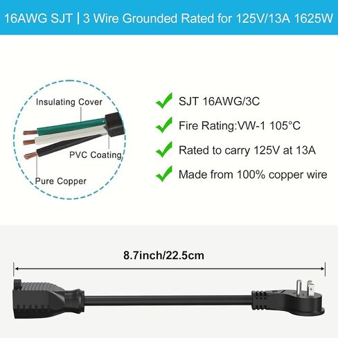 HITRENDS 1FT Short Extension Cord, 16AWG 3 Prong with Angled Flat Plug, Small Power Cord 1ft for Wall Outlets, Black - 3 Pack in Saudi Arabia