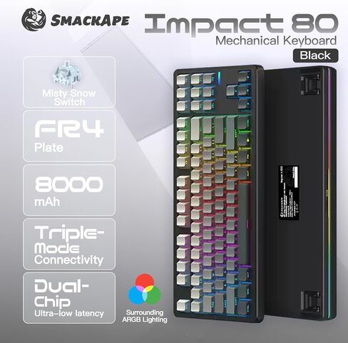 Impact 80 Triple-Mode RGB Wireless Mechanical Keyboard with HiFi Typing Sound, Gasket Hot-Swappable 87-Key Wired Gaming Keyboard with QMK/VIA (Black) in Kuwait