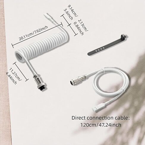 كابل لوحة مفاتيح ملفوف بطول 1.5 متر، كابل USB C إلى USB A للوحات مفاتيح الألعاب الميكانيكية، ملفوف بأكمام مزدوجة مع طيار معدني قابل للفصل للوحة المفاتيح قطعتين (أبيض) in Kuwait