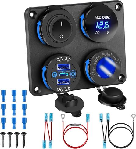 12V USB Charger Panel with PD 30W Ports& Dual QC3.0 18W: 4 in 1 Aluminum Waterproof RV USB Outlet, 150W Cigarette Lighter Socket, LED Voltmeter, Rocker Switch for Boat, Camper, Truck, Accessories in Saudi Arabia