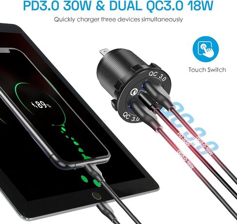 12V USB Charger Panel with PD 30W Ports& Dual QC3.0 18W: 4 in 1 Aluminum Waterproof RV USB Outlet, 150W Cigarette Lighter Socket, LED Voltmeter, Rocker Switch for Boat, Camper, Truck, Accessories in Saudi Arabia