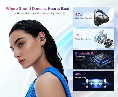 OHAYO A7 Open Ear Clip-On Headphones for Glasses Wearers - Safe for Running & Streets, 4.7g Weightless Fit, 40H Battery, Bluetooth 5.4, Black in Saudi Arabia