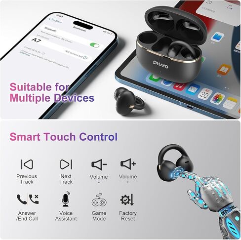 OHAYO A7 Open Ear Clip-On Headphones for Glasses Wearers - Safe for Running & Streets, 4.7g Weightless Fit, 40H Battery, Bluetooth 5.4, Black in Saudi Arabia