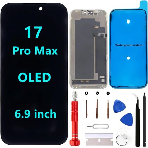 طقم استبدال شاشة OLED لهاتف iPhone 17 Pro Max [OLED ناعم، وليس LCD] شاشة 6.9 بوصة عالية الدقة بالكامل مجموعة رقمية تعمل باللمس A3257 A3525 A3526 A3527 مع أدوات إصلاح ومانع تسرب مقاوم للماء in Kuwait