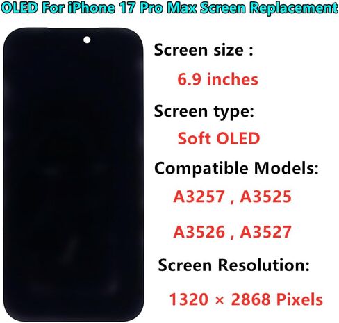 طقم استبدال شاشة OLED لهاتف iPhone 17 Pro Max [OLED ناعم، وليس LCD] شاشة 6.9 بوصة عالية الدقة بالكامل مجموعة رقمية تعمل باللمس A3257 A3525 A3526 A3527 مع أدوات إصلاح ومانع تسرب مقاوم للماء in Kuwait