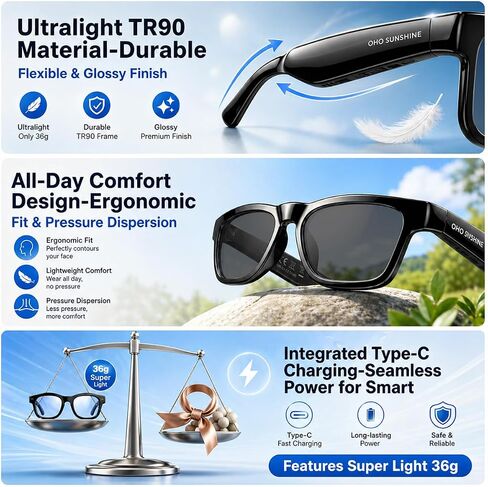 OhO AI Glasses, Bluetooth Audio Sunglasses with 10H Playtime, ChatGPT Translation & Water Resistant Open Ear Glasses in Saudi Arabia