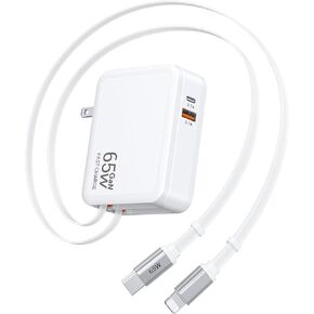 شاحن حائط قابل للسحب 4 في 1، شاحن USB-C بقدرة 65 وات مع منافذ USB مزدوجة، كابلات Lightning وType-C مدمجة بطول 2.6 قدم، شاحن متعدد قابل للطي سريع الشحن لهاتف iPhone 17/16/15 in Kuwait