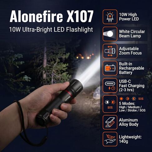 ALONEFIRE X107 10W Rechargeable LED Flashlight, USB-C 5-Mode Zoomable Torch in Saudi Arabia