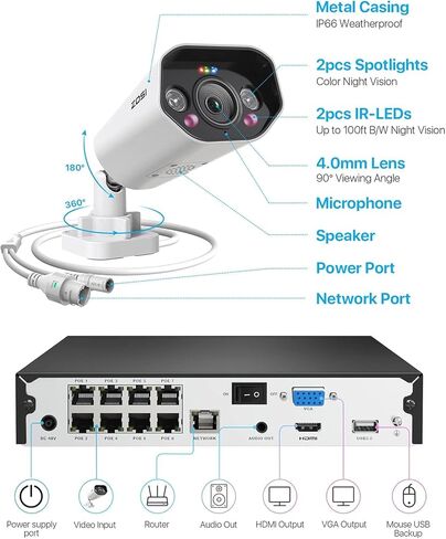 ZOSI 4K PoE Security Camera System, 4X 5MP Metal Outdoor Cam, 2TB HDD in Saudi Arabia